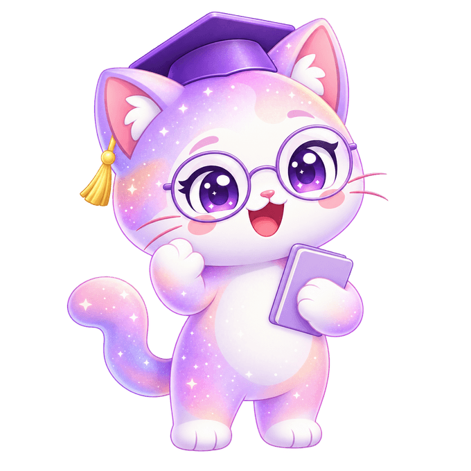 GenToon’s cat mascot preparing for class, wearing a graduation cap and glasses