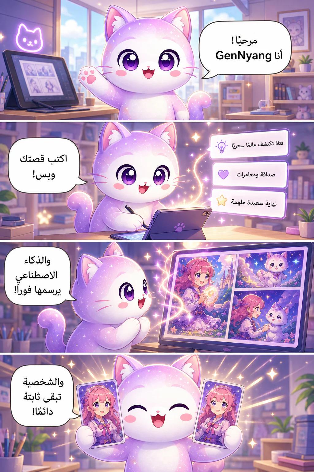 يشرح GenNyang، تميمة GenToon القطّة البنفسجية اللطيفة، كيفية صنع ويبتون بالذكاء الاصطناعي في قصة عمودية: اكتب القصة فقط ويرسمها الذكاء الاصطناعي، تبقى الشخصية ثابتة، يُوضع الحوار تلقائيًا، وينتهي العمل في دقيقة واحدة، ثم تشاركه مع المجتمع فورًا.