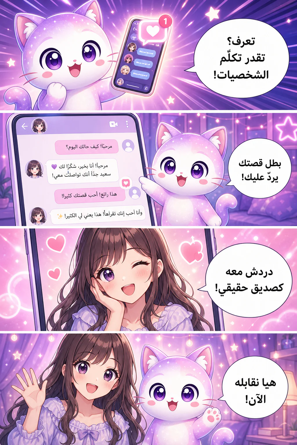 يوضّح GenNyang، تميمة GenToon القطّة البنفسجية اللطيفة، في قصة عمودية أنه يمكنك الدردشة مع شخصيات الويبتون الخاص بك.