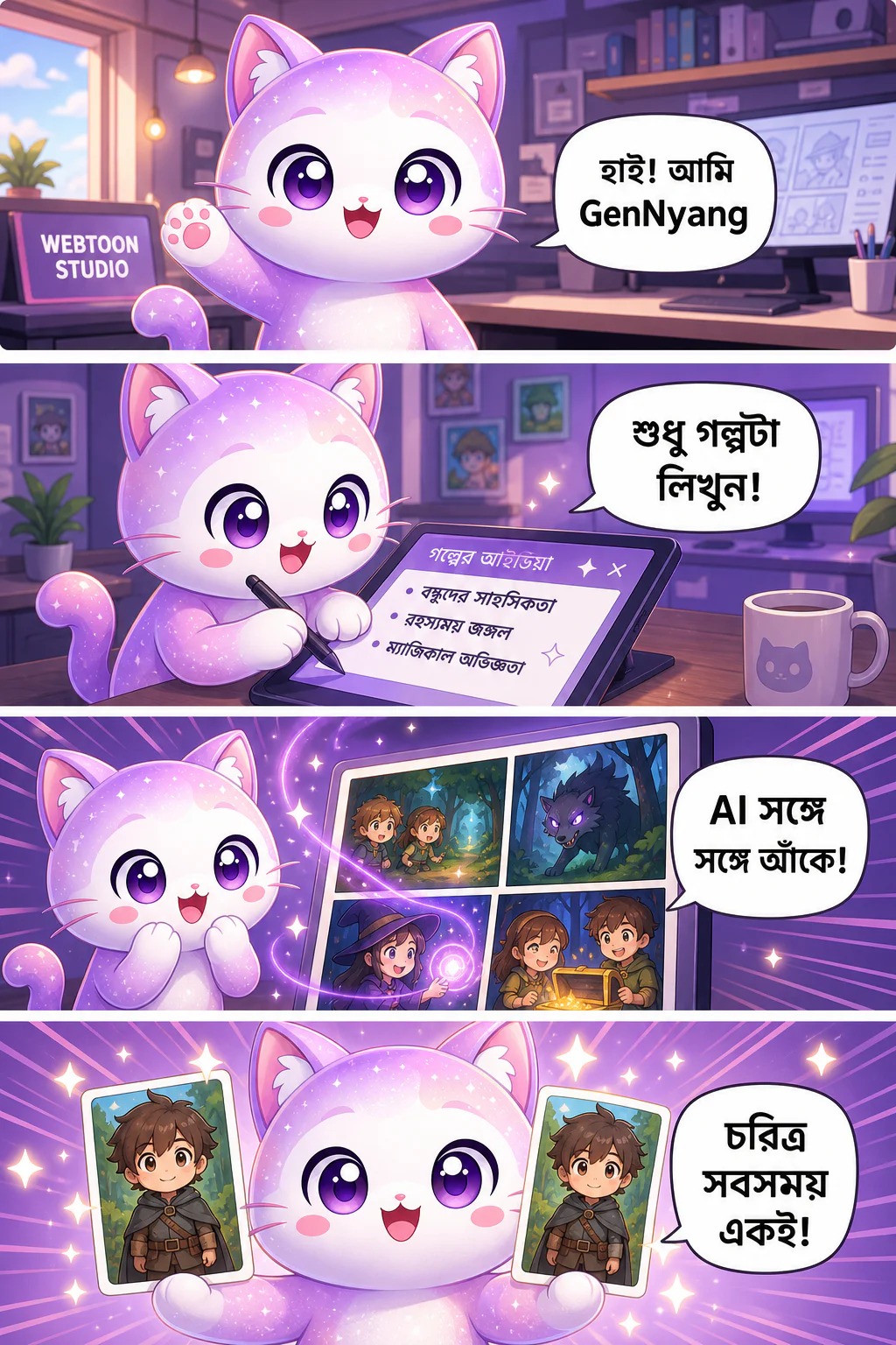 GenToon-এর শুভঙ্কর GenNyang একটি উল্লম্ব ওয়েবটুনে AI ওয়েবটুন বানানো বুঝিয়ে দিচ্ছে: শুধু গল্পটা লিখুন, AI নিজেই এঁকে দেয়, চরিত্র সবসময় একই থাকে, সংলাপ আপনাআপনি বসে যায়, মাত্র ১ মিনিটেই তৈরি, আর সঙ্গে সঙ্গে কমিউনিটিতে শেয়ার করা যায়।