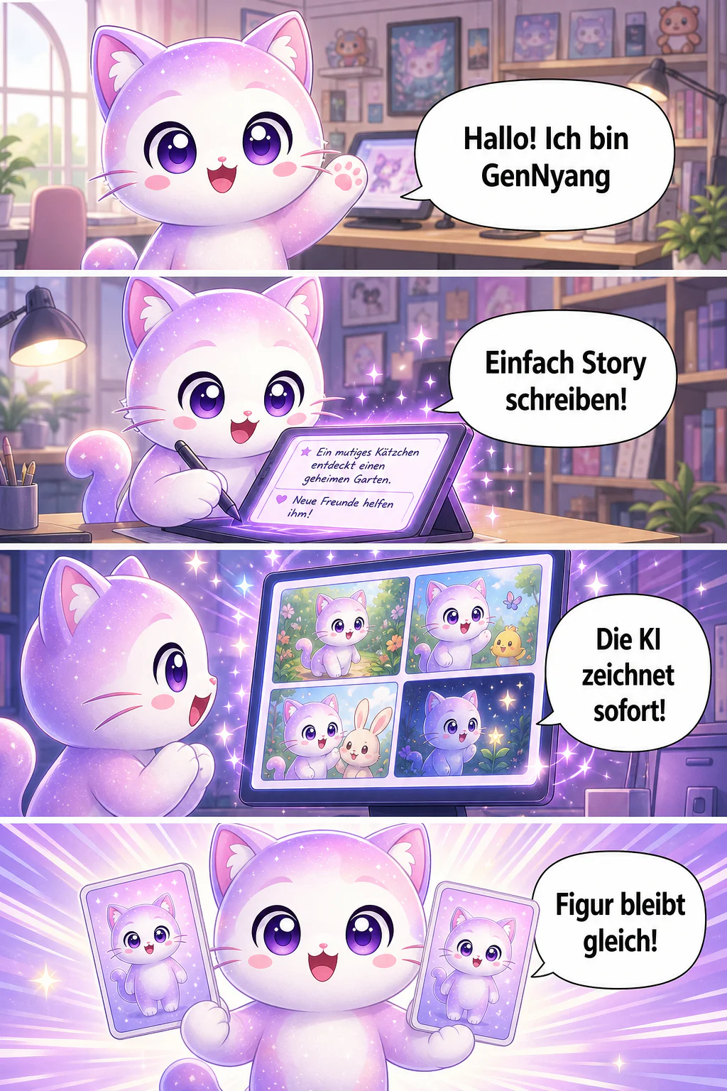 GenToons Maskottchen GenNyang erklärt in einem vertikalen Webtoon, wie man einen KI-Webtoon erstellt: einfach die Geschichte schreiben und die KI zeichnet sie, die Figur bleibt immer gleich, Dialoge werden automatisch platziert, in einer Minute fertig, und sofort teilbar in der Community.