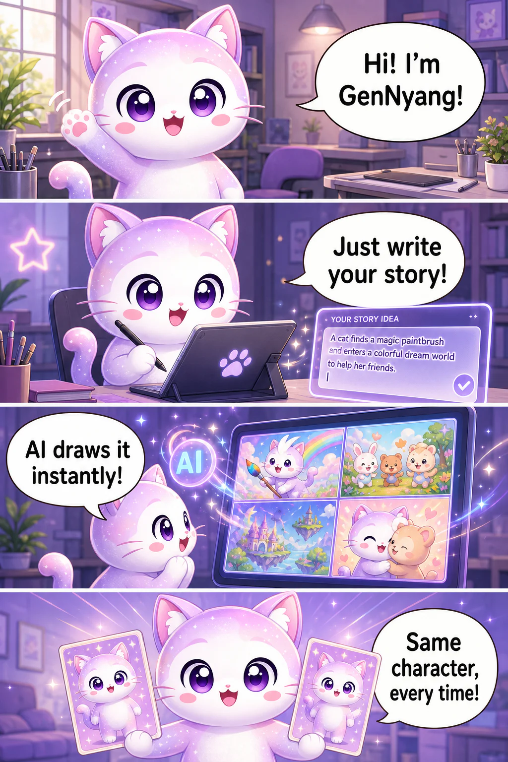 GenToon's mascot GenNyang explains how to make an AI webtoon in a vertical comic strip: just write your story and the AI draws it, your character stays consistent across every panel, dialogue is placed in speech bubbles automatically, the whole thing is finished in one minute, and you can share it to the community instantly.