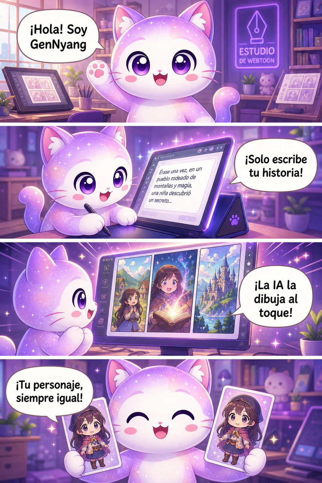 GenNyang, la mascota de GenToon, explica en un webtoon vertical cómo crear un cómic con IA: solo escribes la historia y la IA la dibuja, el personaje se mantiene igual en cada viñeta, los diálogos se colocan solos, queda listo en 1 minuto y lo compartes al instante con la comunidad.