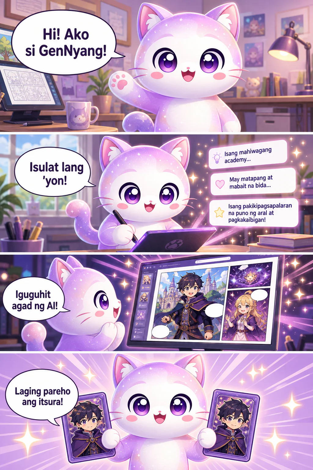 Si GenNyang, ang mascot ng GenToon, ay nagpapaliwanag kung paano gumawa ng AI webtoon sa isang patayong komiks: isulat lang ang kuwento at ito ay iguguhit ng AI, pareho ang itsura ng karakter sa bawat eksena, awtomatikong nailalagay ang mga diyalogo, tapos sa loob ng 1 minuto, at agad mong maibabahagi sa komunidad.