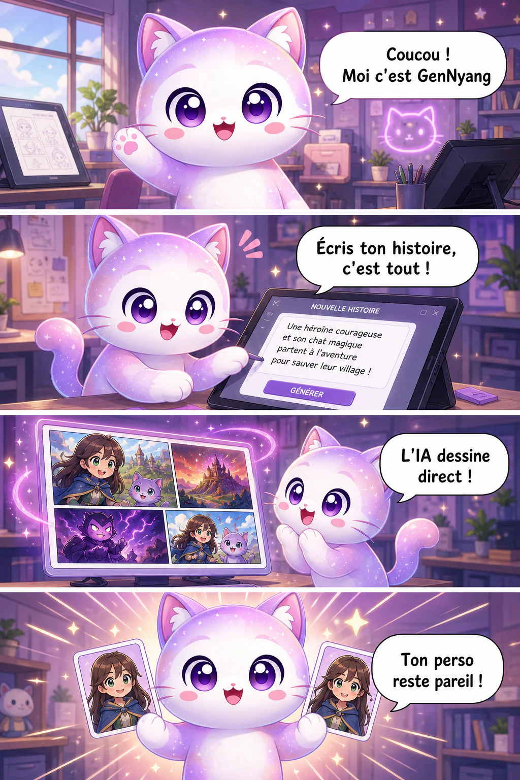 GenNyang, la mascotte chaton violet de GenToon, explique en webtoon vertical comment créer une bande dessinée avec l'IA : il suffit d'écrire l'histoire et l'IA la dessine, le personnage reste toujours identique, les dialogues se placent tout seuls, c'est fini en 1 minute et tu peux le partager à la communauté instantanément.