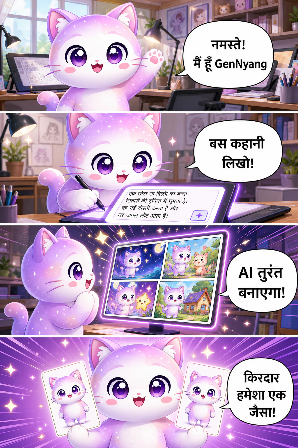 GenToon का मैस्कॉट GenNyang एक वर्टिकल वेबटून में समझाता है कि AI वेबटून कैसे बनाएं: बस कहानी लिखो और AI उसे चित्रित कर देता है, किरदार हमेशा एक जैसा रहता है, संवाद अपने-आप लग जाते हैं, 1 मिनट में तैयार, और तुरंत कम्युनिटी में शेयर कर सकते हो।