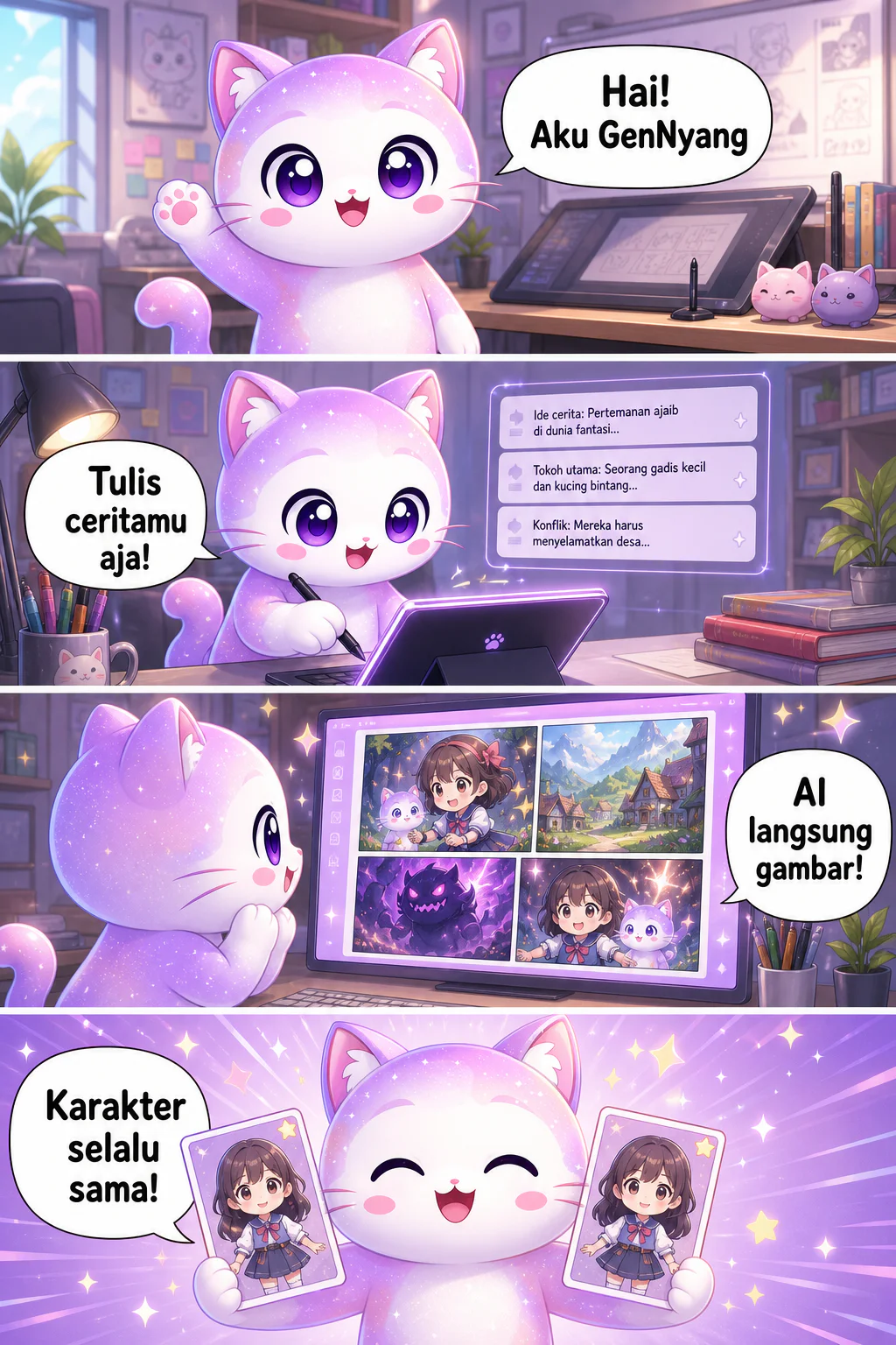 GenNyang, maskot GenToon, menjelaskan cara membuat webtoon AI dalam format webtoon vertikal: cukup tulis ceritanya dan AI yang menggambar, karakternya selalu konsisten, dialog ditempatkan otomatis, selesai dalam 1 menit, dan langsung bisa dibagikan ke komunitas.