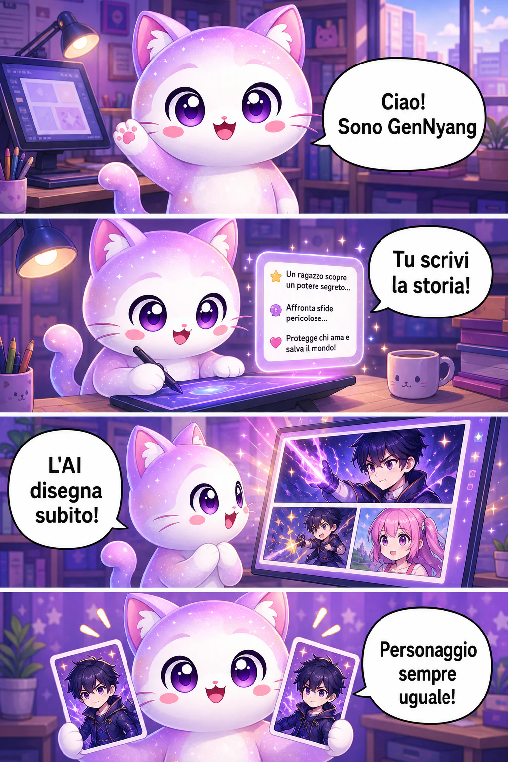 GenNyang, la mascotte di GenToon, spiega in un webtoon verticale come creare un fumetto con l'AI: basta scrivere la storia e l'AI la disegna, il personaggio resta sempre coerente, i dialoghi si inseriscono da soli, tutto pronto in un minuto e condivisibile subito con la community.