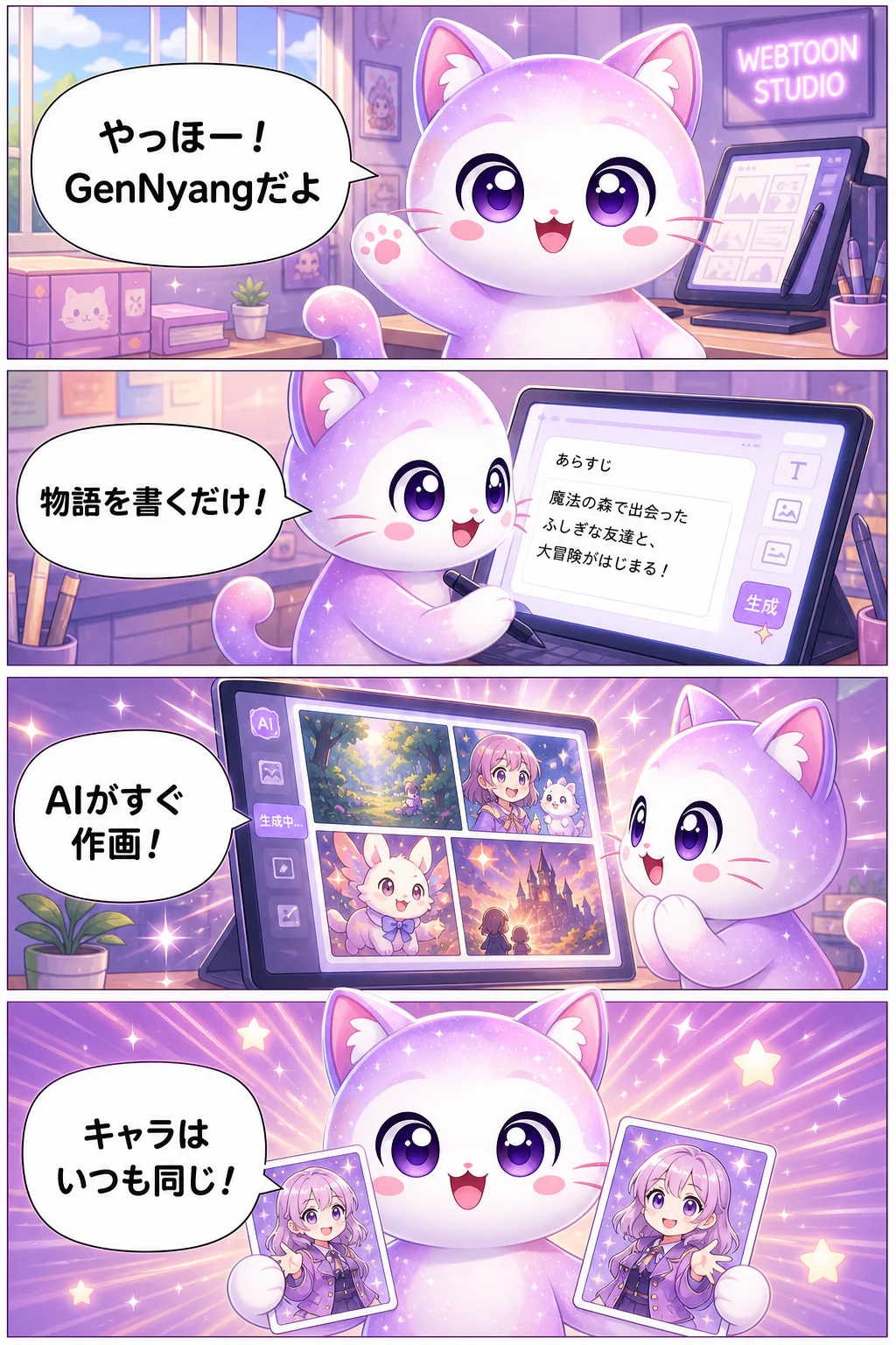 GenToonのマスコット「GenNyang」が縦読みマンガでAIマンガの作り方を解説。物語を書くだけでAIが作画し、キャラはいつも同じ、セリフも自動配置、1分で完成、そのままコミュニティに投稿してシェアできます。