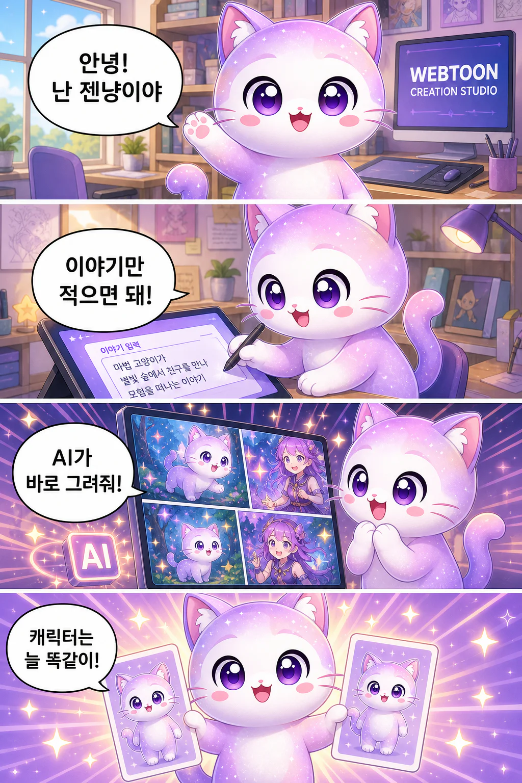 젠툰 마스코트 젠냥이가 AI 웹툰 만드는 과정을 세로 웹툰으로 설명합니다: 이야기만 쓰면 AI가 그려주고, 캐릭터는 늘 똑같이 유지되며, 말풍선까지 자동으로 배치되고, 1분이면 완성해 바로 커뮤니티에 공유할 수 있습니다. 게다가 웹툰에 나온 캐릭터와 직접 대화도 할 수 있습니다.