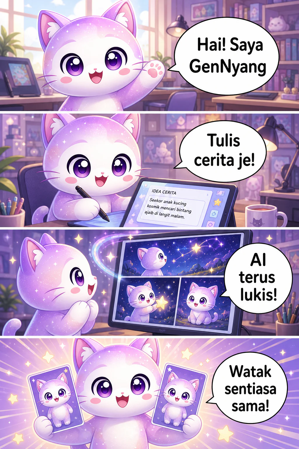 GenNyang, maskot kucing GenToon, menerangkan cara buat webtoon AI dalam bentuk webtoon menegak: tulis je cerita dan AI lukis sendiri, watak sentiasa konsisten, dialog disusun automatik, siap dalam 1 minit, dan boleh terus kongsi ke komuniti.