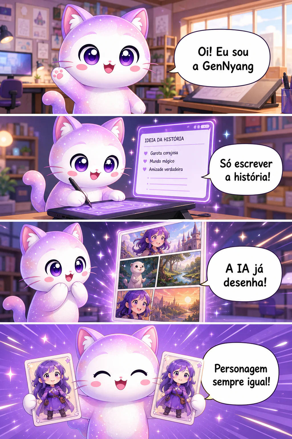A mascote da GenToon, GenNyang, explica em uma webtoon vertical como criar quadrinhos com IA: você só escreve a história e a IA desenha, o personagem fica sempre igual, os balões de fala aparecem sozinhos, tudo pronto em 1 minuto e dá pra compartilhar na comunidade na hora.