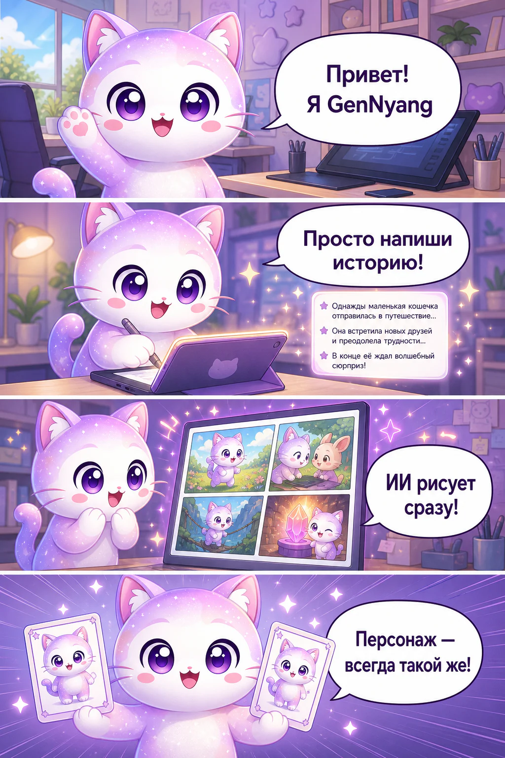 Маскот GenToon, котёнок GenNyang, в вертикальном вебтуне показывает, как создать ИИ-комикс: просто напиши историю, а нейросеть всё нарисует, персонаж остаётся одинаковым, реплики расставляются сами, готово за минуту, и можно сразу делиться в сообществе.