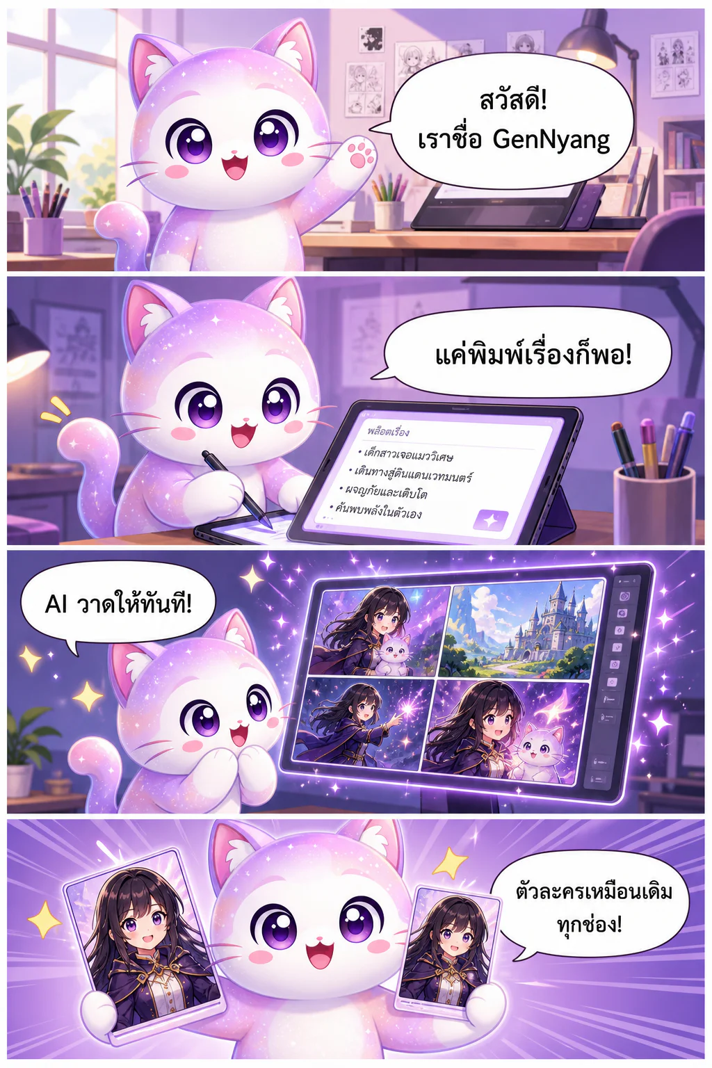 GenNyang มาสคอตของ GenToon อธิบายวิธีสร้างเว็บตูน AI ในรูปแบบการ์ตูนแนวตั้ง แค่เขียนเรื่องราว AI ก็วาดให้ทันที ตัวละครหน้าตาเหมือนเดิมทุกช่อง ใส่บทพูดให้อัตโนมัติ เสร็จภายใน 1 นาที แล้วแชร์ลงคอมมูนิตี้ได้เลย