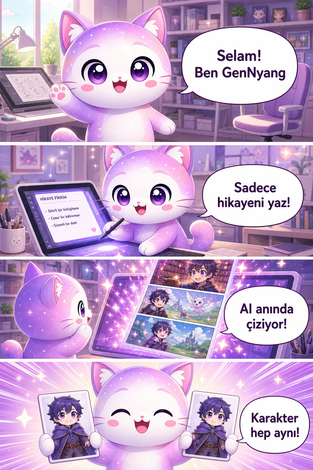 GenToon maskotu GenNyang, dikey bir webtoonda AI ile webtoon yapmayı anlatıyor: sadece hikayeni yaz, AI çizsin, karakter hep aynı kalsın, diyaloglar otomatik yerleşsin, 1 dakikada bitsin ve hemen toplulukta paylaş.