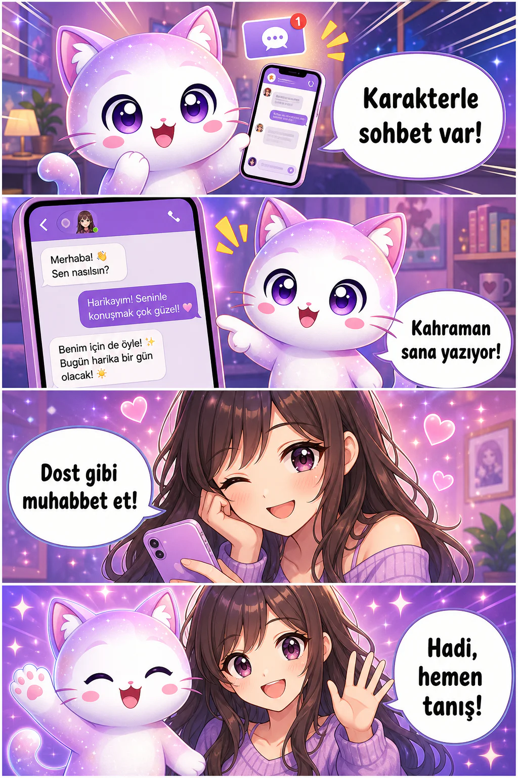 GenToon maskotu GenNyang, dikey bir webtoonda webtoonundaki karakterlerle sohbet edebileceğini gösteriyor.