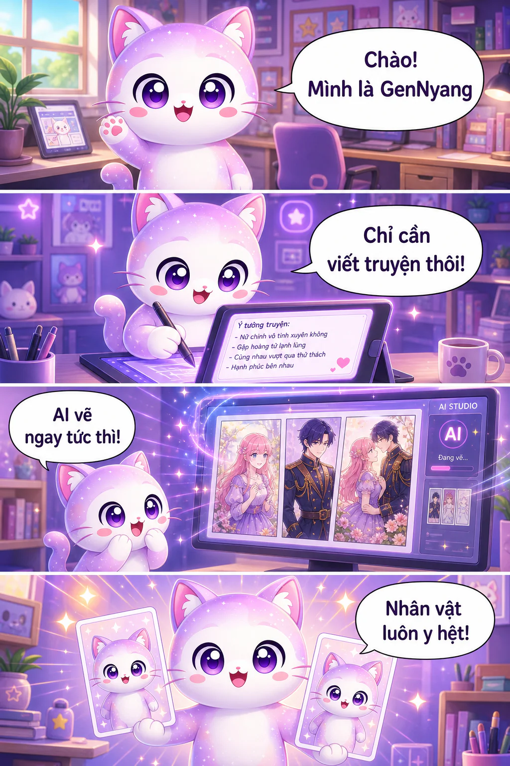 Linh vật GenNyang của GenToon hướng dẫn làm webtoon AI trong một mẩu truyện tranh dọc: chỉ cần viết câu chuyện là AI sẽ vẽ, nhân vật luôn nhất quán, lời thoại được đặt tự động, hoàn thành trong 1 phút và chia sẻ ngay lên cộng đồng.