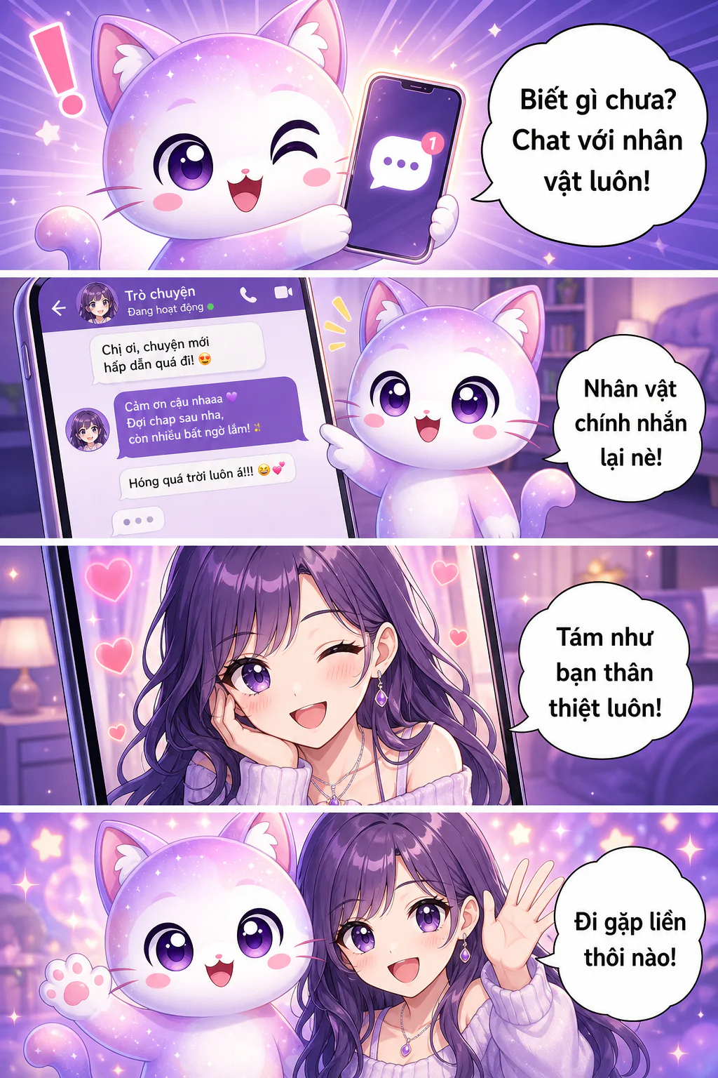Linh vật GenNyang của GenToon cho bạn thấy trong một mẩu truyện tranh dọc rằng bạn có thể trò chuyện với các nhân vật trong webtoon của mình.