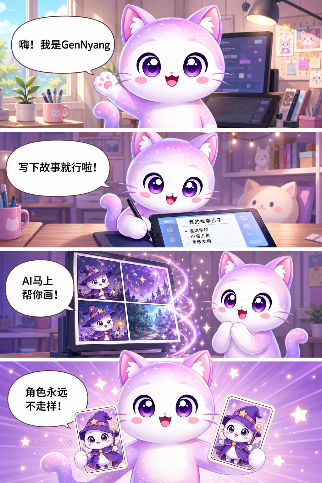 GenToon的吉祥物GenNyang用一条竖版漫画讲解如何制作AI漫画:你只管写故事,AI自动作画,角色形象始终一致,对话气泡自动排好,一分钟就能完成,还能立刻发布到社区和大家分享。