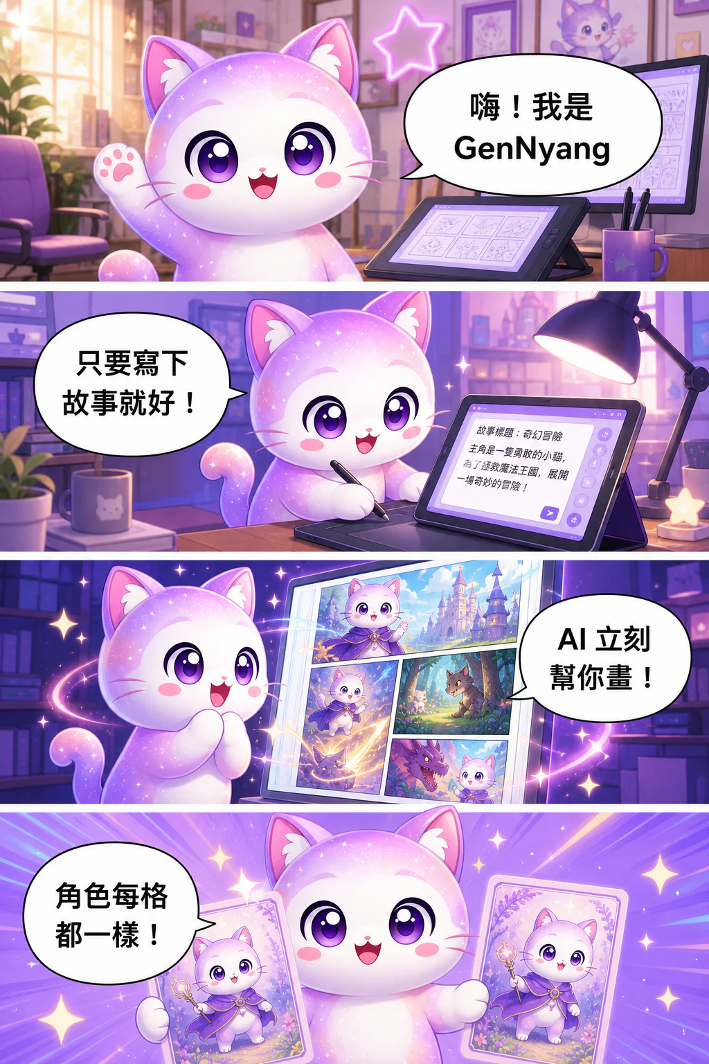GenToon 的吉祥物紫色小貓 GenNyang 用直式網漫示範如何製作 AI 漫畫:只要寫下故事,AI 就會自動繪圖,角色造型始終一致,對白也會自動排版,一分鐘就能完成,還能立刻分享到社群。