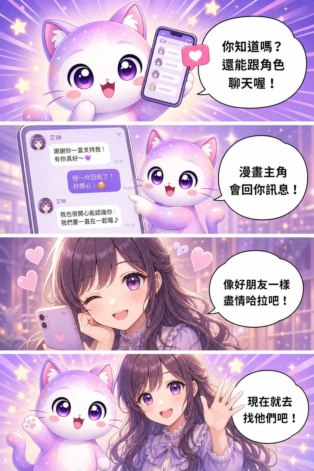GenToon 的吉祥物紫色小貓 GenNyang 用直式網漫告訴你:可以跟漫畫裡的角色聊天喔。